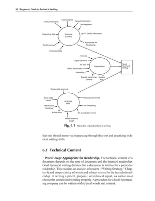 88 / Engineers’ Guide to Technical Writing
that one should master in progressing through this text and practicing tech-
nical writing skills.
6.1 Technical Content
Word Usage Appropriate for Readership. The technical content of a
document depends on the type of document and the intended readership.
Good technical writing dictates that a document is written for a particular
readership. This requires an analysis of readers (“Writing Strategy,” Chap-
ter 4) and proper choice of words and subject matter for the intended read-
ership. In writing a patent, proposal, or technical report, an author must
choose the content and wording properly. A procedure for a local heat treat-
ing company can be written with typical words and content.
Good
Technical
Writing
Clear purpose
Factual information
No plagiarism
Useful information
Appropriate for
Readership
Timely information
Supporting data
Credit sources
Understandable
Technical
Content
Presentation
Concise
Logical sections
No bias
Useful visual aides
Interesting
Specific rather than
General
Suitable
font
Reasonable grammar
No jargon/acronyms
No misspelling
No punctuation errors
Mixed sentence
length
Active voice
Hierarchical
headings
Good page
Layout
Language
Skills
Fig. 6.1 Attributes of good technical writing
 