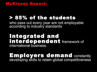 McKinsey Report: > 85% of the students   who pass out every year are not employable according to industry standards Integrated and interdependent   framework of international business.   Employers demand   constantly developing skills to retain global competitiveness 