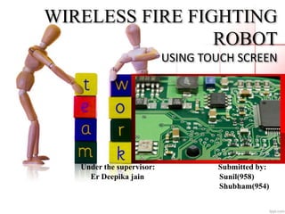 WIRELESS FIRE FIGHTING 
ROBOT 
USING TOUCH SCREEN 
Under the supervisor: Submitted by: 
Er Deepika jain Sunil(958) 
Shubham(954) 
 