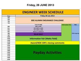 Friday, 28 JUNE 2013
ENGINEER WEEK SCHEDULE
Time Friday 28 July 2013
600
BDE ALUMNI ENDURANCE CHALLENGE
630
700
730
TUG OF WAR Information Fair FRG
800 84th vs 65th
FRG (ongoing)
815 HHC 130TH vs 65th
830 HHC 130TH vs 84th
845 Winner 1 vs Winner 2
900
RELAY RACE930
1000
Information Fair (Watts Field)1030
1100
1130
Award/BDE CDR's closing comments1200
1230
Payday Activities
1300
1330
1400
1430
1500
1530
1600
1630
 