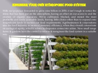 Engineer Your Own Hydroponic Food System
With our populace forecasted to grow nine billion in 2050, it isn’t tough to notice the
stress that has been put on the atmosphere, having an effect on our access to and the
creation of organic resources. We’ve cultivated, blocked, and mined the most
profitable and easily accessible lands, leaving little choice other than to expand onto
insignificant lands to sustain our food requirements. Agribusinesses & corporations
take the food industry in terms of monetary efficiency, when they should concentrate
on ecological equity, which’s where hydroponics comes into action. Now small range
farms & gardens have the control to reform & reengineer the food system in a suitable
way.
 