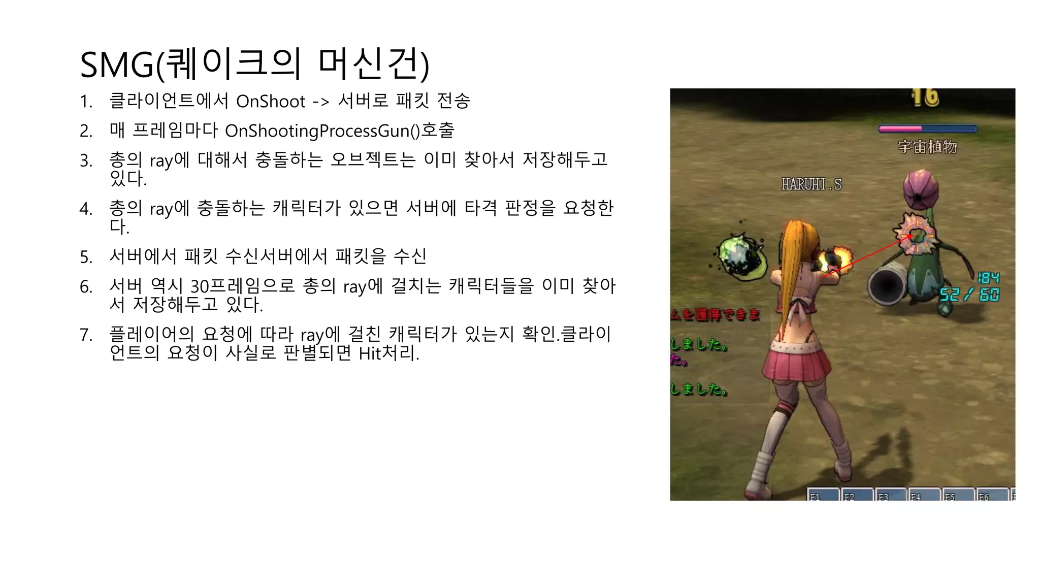 SMG(퀘이크의 머신건)
1. 클라이언트에서 OnShoot -> 서버로 패킷 전송
2. 매 프레임마다 OnShootingProcessGun()호출
3. 총의 ray에 대해서 충돌하는 오브젝트는 이미 찾아서 저장해두고
있다.
4. 총의 ray에 충돌하는 캐릭터가 있으면 서버에 타격 판정을 요청한
다.
5. 서버에서 패킷 수신서버에서 패킷을 수신
6. 서버 역시 30프레임으로 총의 ray에 걸치는 캐릭터들을 이미 찾아
서 저장해두고 있다.
7. 플레이어의 요청에 따라 ray에 걸친 캐릭터가 있는지 확인.클라이
언트의 요청이 사실로 판별되면 Hit처리.
 
