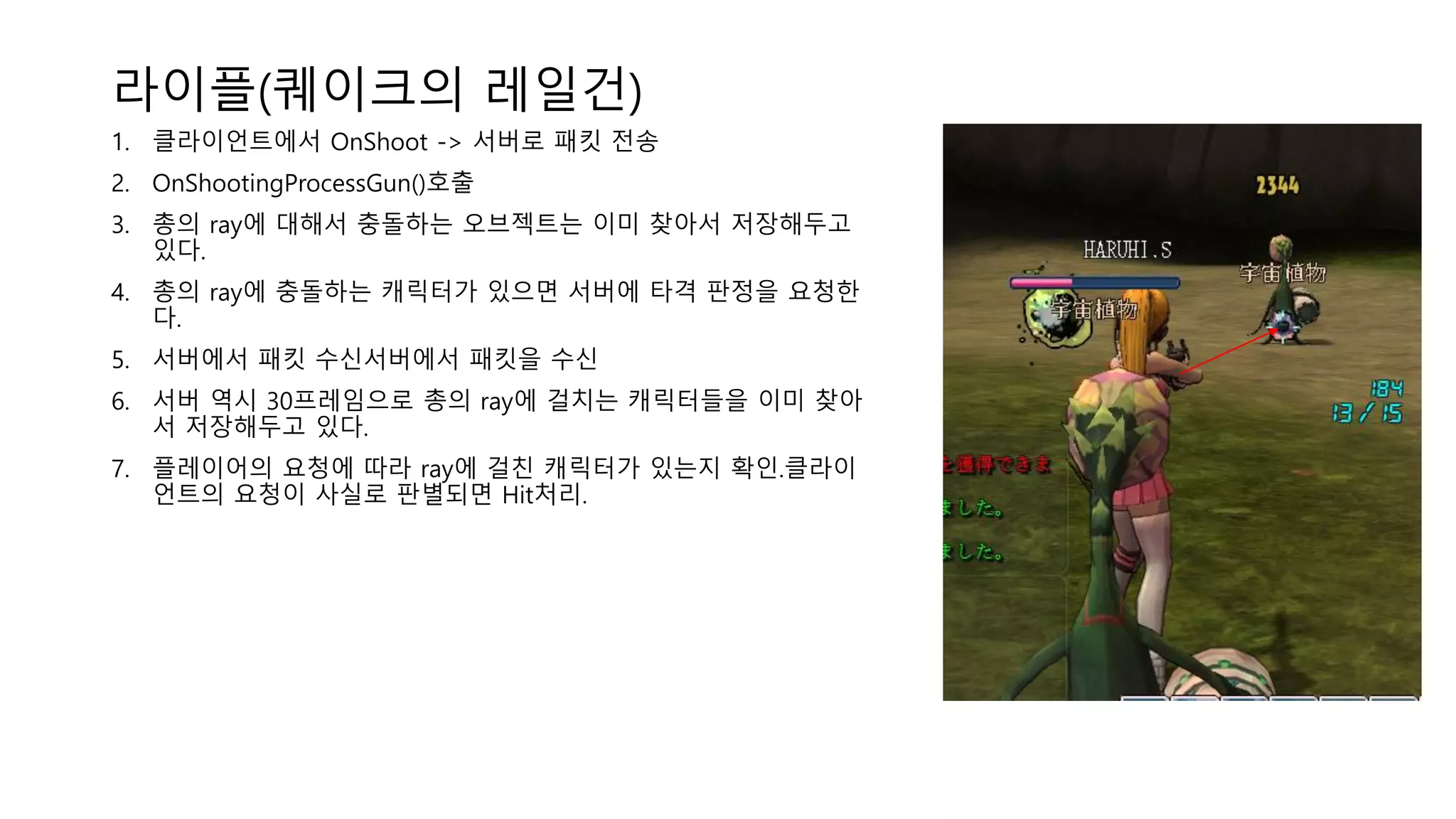 라이플(퀘이크의 레일건)
1. 클라이언트에서 OnShoot -> 서버로 패킷 전송
2. OnShootingProcessGun()호출
3. 총의 ray에 대해서 충돌하는 오브젝트는 이미 찾아서 저장해두고
있다.
4. 총의 ray에 충돌하는 캐릭터가 있으면 서버에 타격 판정을 요청한
다.
5. 서버에서 패킷 수신서버에서 패킷을 수신
6. 서버 역시 30프레임으로 총의 ray에 걸치는 캐릭터들을 이미 찾아
서 저장해두고 있다.
7. 플레이어의 요청에 따라 ray에 걸친 캐릭터가 있는지 확인.클라이
언트의 요청이 사실로 판별되면 Hit처리.
 