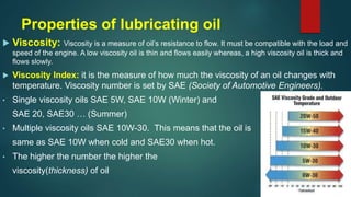 Properties of lubricating oil
 Viscosity: Viscosity is a measure of oil’s resistance to flow. It must be compatible with the load and
speed of the engine. A low viscosity oil is thin and flows easily whereas, a high viscosity oil is thick and
flows slowly.
 Viscosity Index: it is the measure of how much the viscosity of an oil changes with
temperature. Viscosity number is set by SAE (Society of Automotive Engineers).
• Single viscosity oils SAE 5W, SAE 10W (Winter) and
SAE 20, SAE30 … (Summer)
• Multiple viscosity oils SAE 10W-30. This means that the oil is
same as SAE 10W when cold and SAE30 when hot.
• The higher the number the higher the
viscosity(thickness) of oil
 
