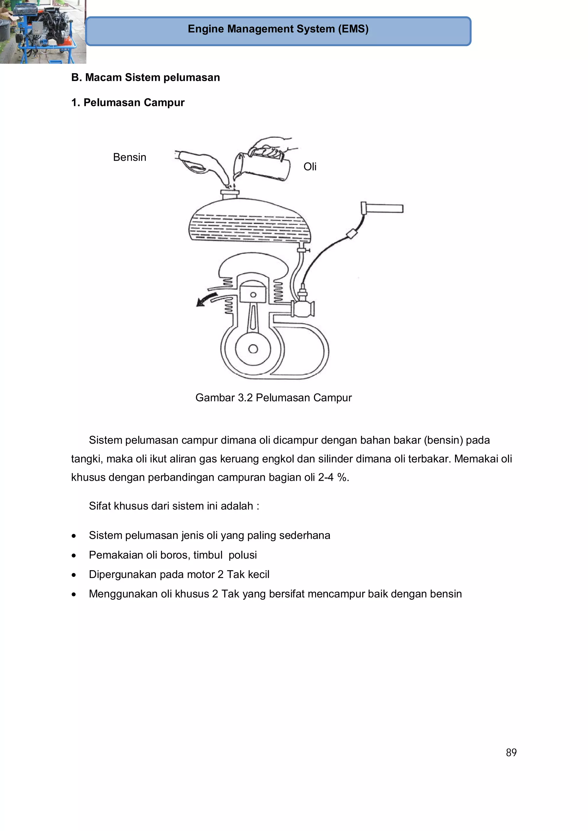 89
Engine Management System (EMS)
B. Macam Sistem pelumasan
1. Pelumasan Campur
Sistem pelumasan campur dimana oli dicampur dengan bahan bakar (bensin) pada
tangki, maka oli ikut aliran gas keruang engkol dan silinder dimana oli terbakar. Memakai oli
khusus dengan perbandingan campuran bagian oli 2-4 %.
Sifat khusus dari sistem ini adalah :
Sistem pelumasan jenis oli yang paling sederhana
Pemakaian oli boros, timbul polusi
Dipergunakan pada motor 2 Tak kecil
Menggunakan oli khusus 2 Tak yang bersifat mencampur baik dengan bensin
Bensin
Oli
Gambar 3.2 Pelumasan Campur
 