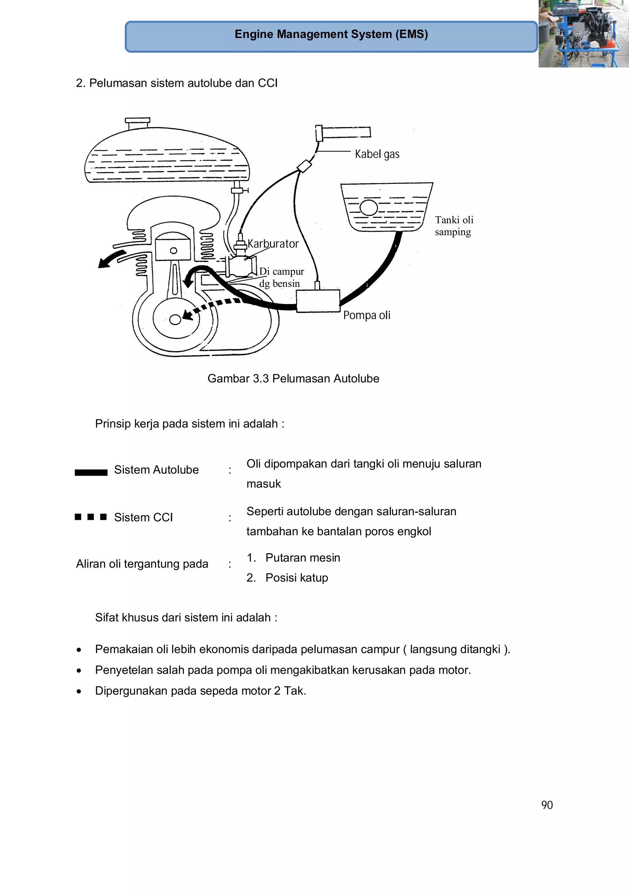 90
Engine Management System (EMS)
2. Pelumasan sistem autolube dan CCI
Prinsip kerja pada sistem ini adalah :
Sistem Autolube :
Oli dipompakan dari tangki oli menuju saluran
masuk
Sistem CCI :
Seperti autolube dengan saluran-saluran
tambahan ke bantalan poros engkol
Aliran oli tergantung pada :
1. Putaran mesin
2. Posisi katup
Sifat khusus dari sistem ini adalah :
Pemakaian oli lebih ekonomis daripada pelumasan campur ( langsung ditangki ).
Penyetelan salah pada pompa oli mengakibatkan kerusakan pada motor.
Dipergunakan pada sepeda motor 2 Tak.
Kabel gas
Tanki oli
samping
Karburator
Di campur
dg bensin
Pompa oli
Gambar 3.3 Pelumasan Autolube
 