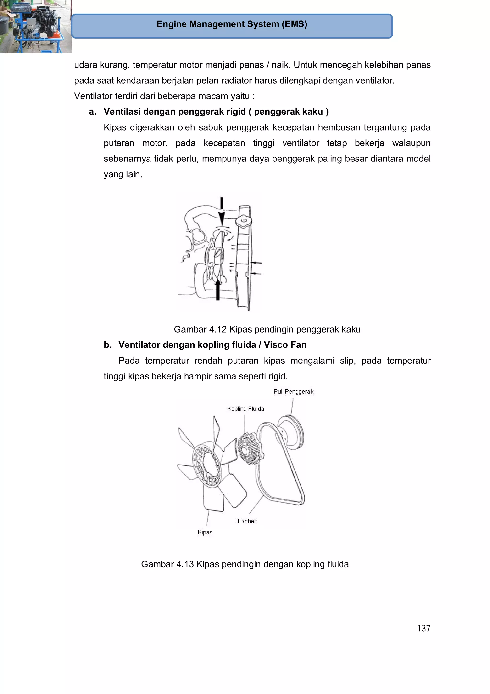 137
Engine Management System (EMS)
udara kurang, temperatur motor menjadi panas / naik. Untuk mencegah kelebihan panas
pada saat kendaraan berjalan pelan radiator harus dilengkapi dengan ventilator.
Ventilator terdiri dari beberapa macam yaitu :
a. Ventilasi dengan penggerak rigid ( penggerak kaku )
Kipas digerakkan oleh sabuk penggerak kecepatan hembusan tergantung pada
putaran motor, pada kecepatan tinggi ventilator tetap bekerja walaupun
sebenarnya tidak perlu, mempunya daya penggerak paling besar diantara model
yang lain.
Gambar 4.12 Kipas pendingin penggerak kaku
b. Ventilator dengan kopling fluida / Visco Fan
Pada temperatur rendah putaran kipas mengalami slip, pada temperatur
tinggi kipas bekerja hampir sama seperti rigid.
Gambar 4.13 Kipas pendingin dengan kopling fluida
 