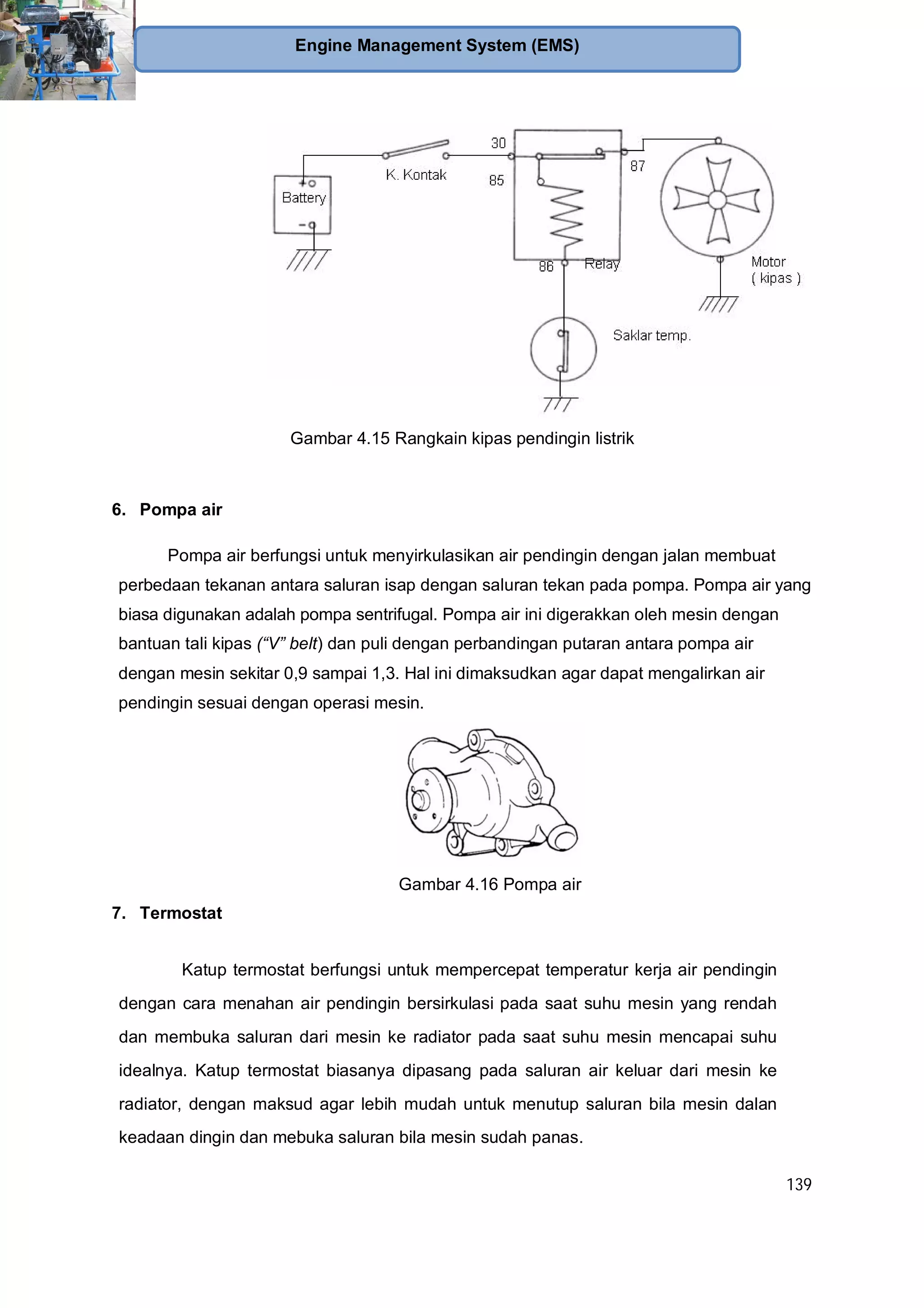 139
Engine Management System (EMS)
Gambar 4.15 Rangkain kipas pendingin listrik
6. Pompa air
Pompa air berfungsi untuk menyirkulasikan air pendingin dengan jalan membuat
perbedaan tekanan antara saluran isap dengan saluran tekan pada pompa. Pompa air yang
biasa digunakan adalah pompa sentrifugal. Pompa air ini digerakkan oleh mesin dengan
bantuan tali kipas (“V” belt) dan puli dengan perbandingan putaran antara pompa air
dengan mesin sekitar 0,9 sampai 1,3. Hal ini dimaksudkan agar dapat mengalirkan air
pendingin sesuai dengan operasi mesin.
Gambar 4.16 Pompa air
7. Termostat
Katup termostat berfungsi untuk mempercepat temperatur kerja air pendingin
dengan cara menahan air pendingin bersirkulasi pada saat suhu mesin yang rendah
dan membuka saluran dari mesin ke radiator pada saat suhu mesin mencapai suhu
idealnya. Katup termostat biasanya dipasang pada saluran air keluar dari mesin ke
radiator, dengan maksud agar lebih mudah untuk menutup saluran bila mesin dalan
keadaan dingin dan mebuka saluran bila mesin sudah panas.
 