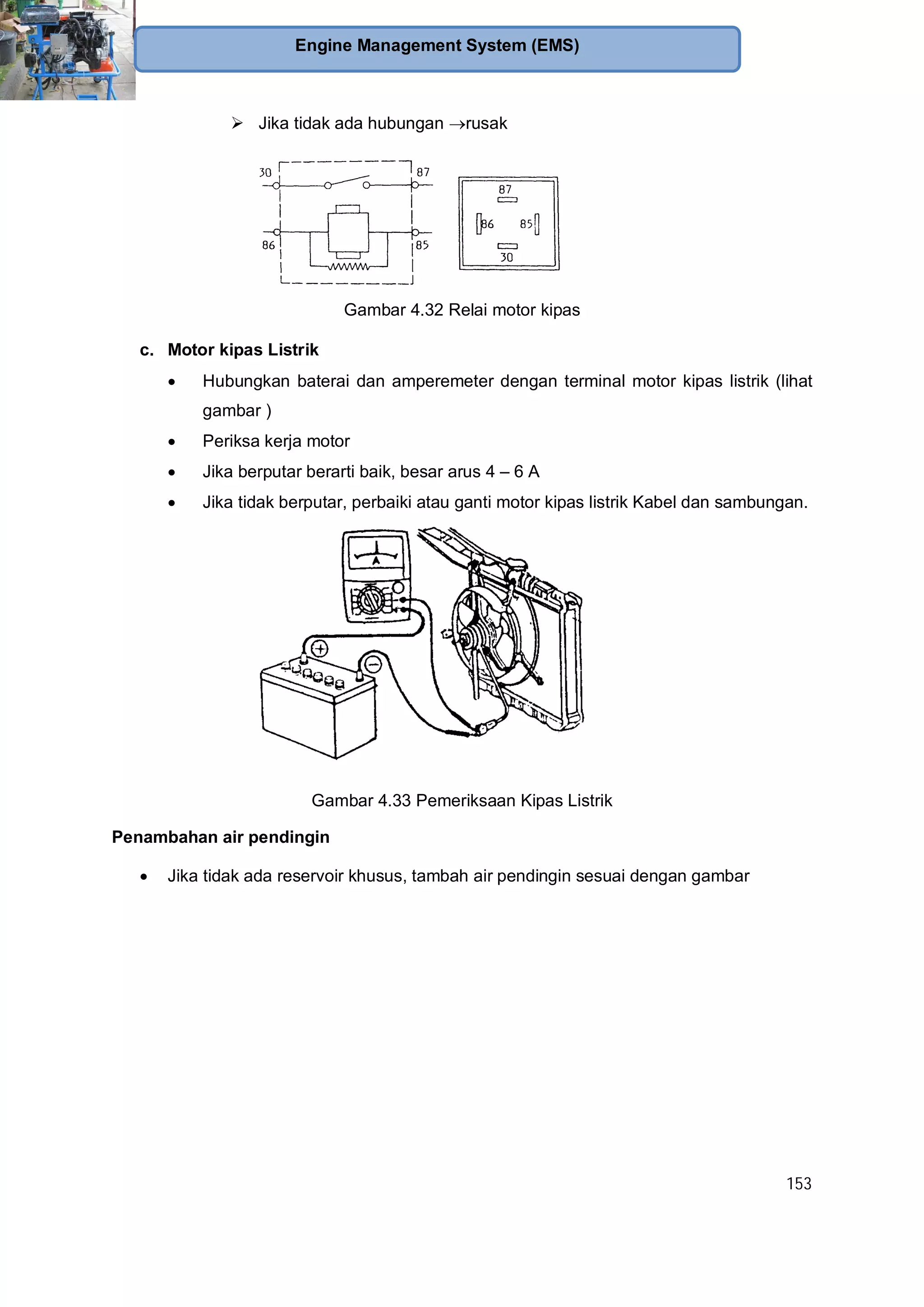 153
Engine Management System (EMS)
Jika tidak ada hubungan rusak
Gambar 4.32 Relai motor kipas
c. Motor kipas Listrik
Hubungkan baterai dan amperemeter dengan terminal motor kipas listrik (lihat
gambar )
Periksa kerja motor
Jika berputar berarti baik, besar arus 4 – 6 A
Jika tidak berputar, perbaiki atau ganti motor kipas listrik Kabel dan sambungan.
Gambar 4.33 Pemeriksaan Kipas Listrik
Penambahan air pendingin
Jika tidak ada reservoir khusus, tambah air pendingin sesuai dengan gambar
 