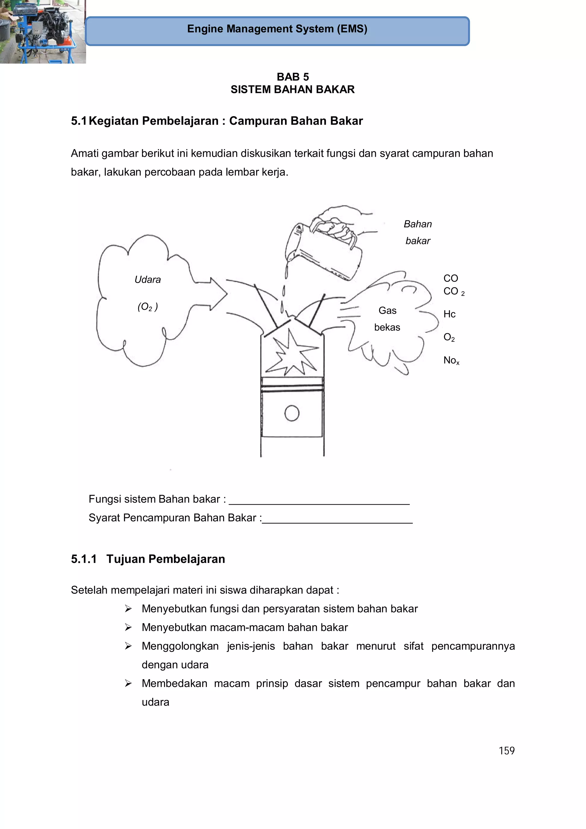 159
Engine Management System (EMS)
BAB 5
SISTEM BAHAN BAKAR
5.1Kegiatan Pembelajaran : Campuran Bahan Bakar
Amati gambar berikut ini kemudian diskusikan terkait fungsi dan syarat campuran bahan
bakar, lakukan percobaan pada lembar kerja.
Fungsi sistem Bahan bakar : ______________________________
Syarat Pencampuran Bahan Bakar :_________________________
5.1.1 Tujuan Pembelajaran
Setelah mempelajari materi ini siswa diharapkan dapat :
Menyebutkan fungsi dan persyaratan sistem bahan bakar
Menyebutkan macam-macam bahan bakar
Menggolongkan jenis-jenis bahan bakar menurut sifat pencampurannya
dengan udara
Membedakan macam prinsip dasar sistem pencampur bahan bakar dan
udara
Udara
(O2 ) Gas
bekas
Bahan
bakar
CO
CO 2
Hc
O2
Nox
 