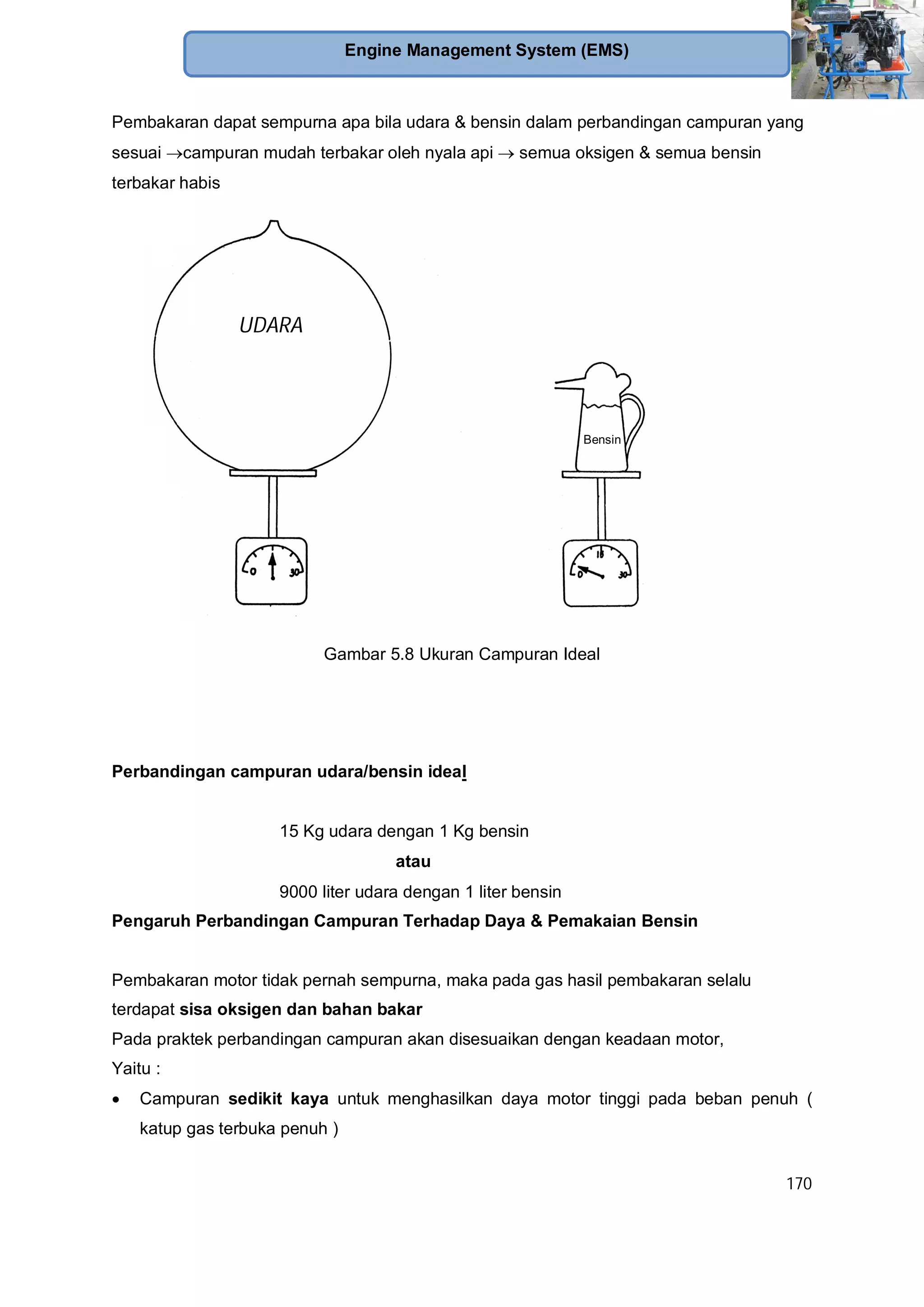170
Engine Management System (EMS)
Pembakaran dapat sempurna apa bila udara & bensin dalam perbandingan campuran yang
sesuai campuran mudah terbakar oleh nyala api semua oksigen & semua bensin
terbakar habis
Gambar 5.8 Ukuran Campuran Ideal
Perbandingan campuran udara/bensin ideal
15 Kg udara dengan 1 Kg bensin
atau
9000 liter udara dengan 1 liter bensin
Pengaruh Perbandingan Campuran Terhadap Daya & Pemakaian Bensin
Pembakaran motor tidak pernah sempurna, maka pada gas hasil pembakaran selalu
terdapat sisa oksigen dan bahan bakar
Pada praktek perbandingan campuran akan disesuaikan dengan keadaan motor,
Yaitu :
Campuran sedikit kaya untuk menghasilkan daya motor tinggi pada beban penuh (
katup gas terbuka penuh )
UDARA
Bensin
 