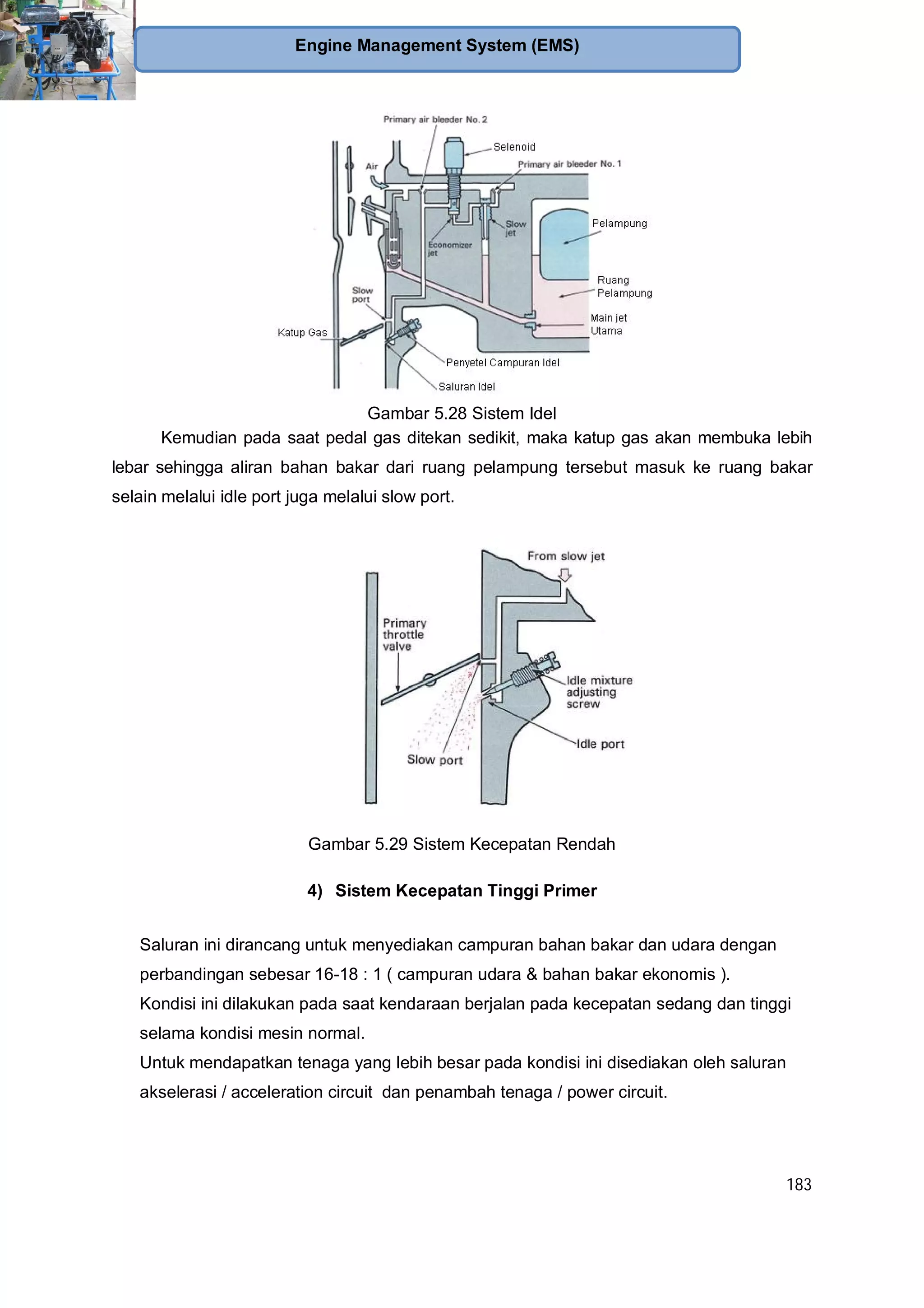 183
Engine Management System (EMS)
Gambar 5.28 Sistem Idel
Kemudian pada saat pedal gas ditekan sedikit, maka katup gas akan membuka lebih
lebar sehingga aliran bahan bakar dari ruang pelampung tersebut masuk ke ruang bakar
selain melalui idle port juga melalui slow port.
Gambar 5.29 Sistem Kecepatan Rendah
4) Sistem Kecepatan Tinggi Primer
Saluran ini dirancang untuk menyediakan campuran bahan bakar dan udara dengan
perbandingan sebesar 16-18 : 1 ( campuran udara & bahan bakar ekonomis ).
Kondisi ini dilakukan pada saat kendaraan berjalan pada kecepatan sedang dan tinggi
selama kondisi mesin normal.
Untuk mendapatkan tenaga yang lebih besar pada kondisi ini disediakan oleh saluran
akselerasi / acceleration circuit dan penambah tenaga / power circuit.
 