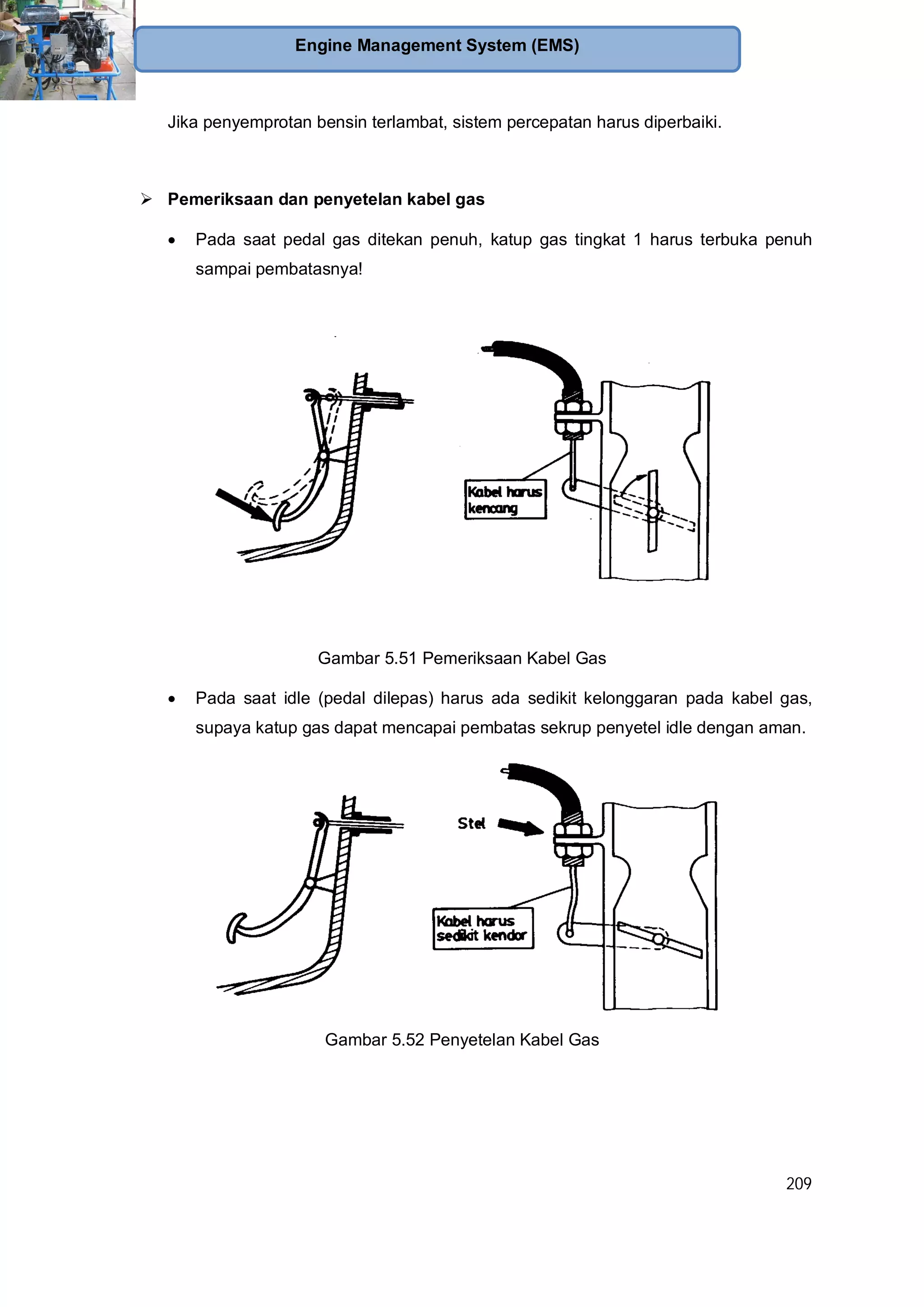 209
Engine Management System (EMS)
Jika penyemprotan bensin terlambat, sistem percepatan harus diperbaiki.
Pemeriksaan dan penyetelan kabel gas
Pada saat pedal gas ditekan penuh, katup gas tingkat 1 harus terbuka penuh
sampai pembatasnya!
Gambar 5.51 Pemeriksaan Kabel Gas
Pada saat idle (pedal dilepas) harus ada sedikit kelonggaran pada kabel gas,
supaya katup gas dapat mencapai pembatas sekrup penyetel idle dengan aman.
Gambar 5.52 Penyetelan Kabel Gas
 