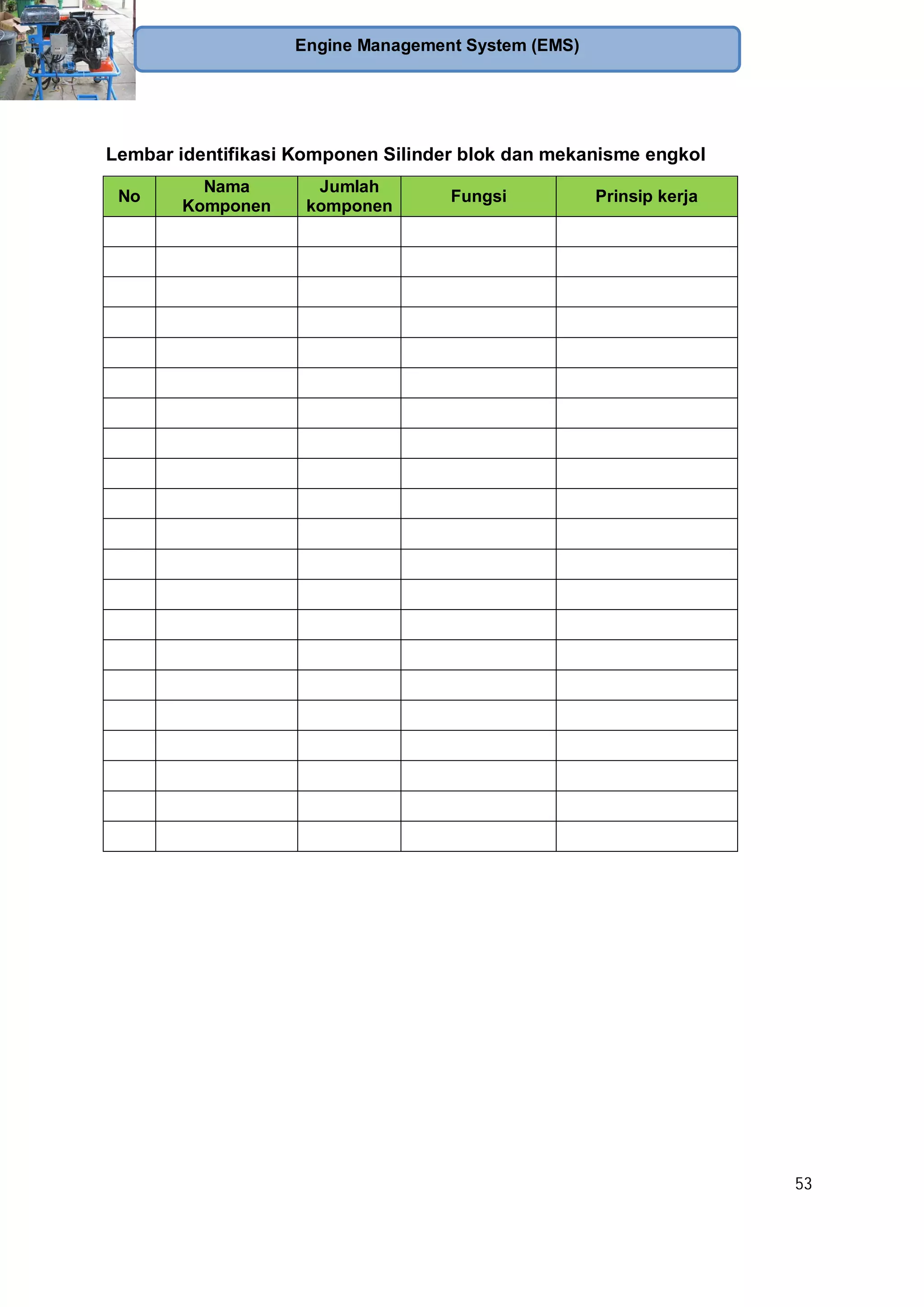 53
Engine Management System (EMS)
Lembar identifikasi Komponen Silinder blok dan mekanisme engkol
No
Nama
Komponen
Jumlah
komponen
Fungsi Prinsip kerja
 