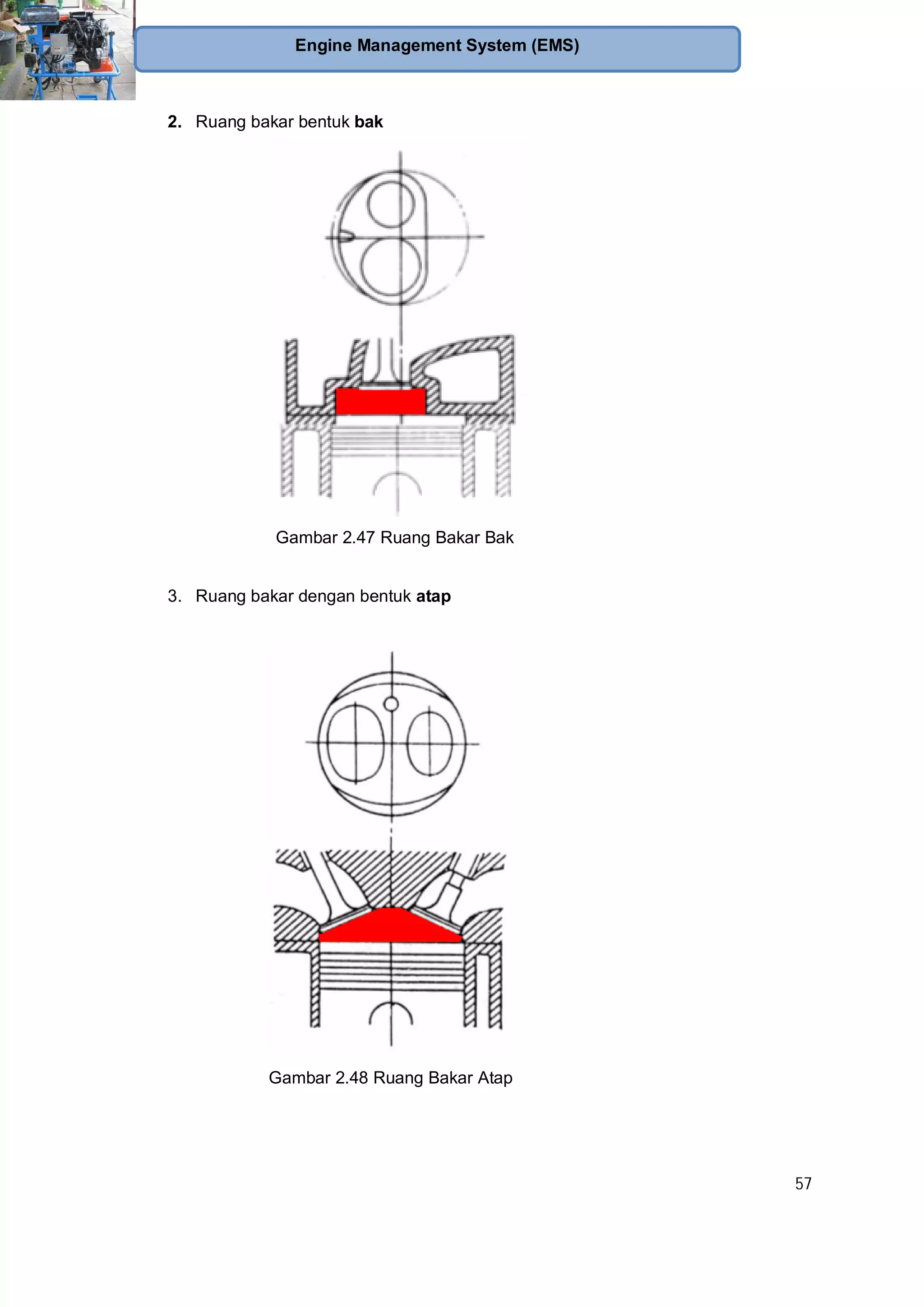 57
Engine Management System (EMS)
2. Ruang bakar bentuk bak
Gambar 2.47 Ruang Bakar Bak
3. Ruang bakar dengan bentuk atap
Gambar 2.48 Ruang Bakar Atap
 