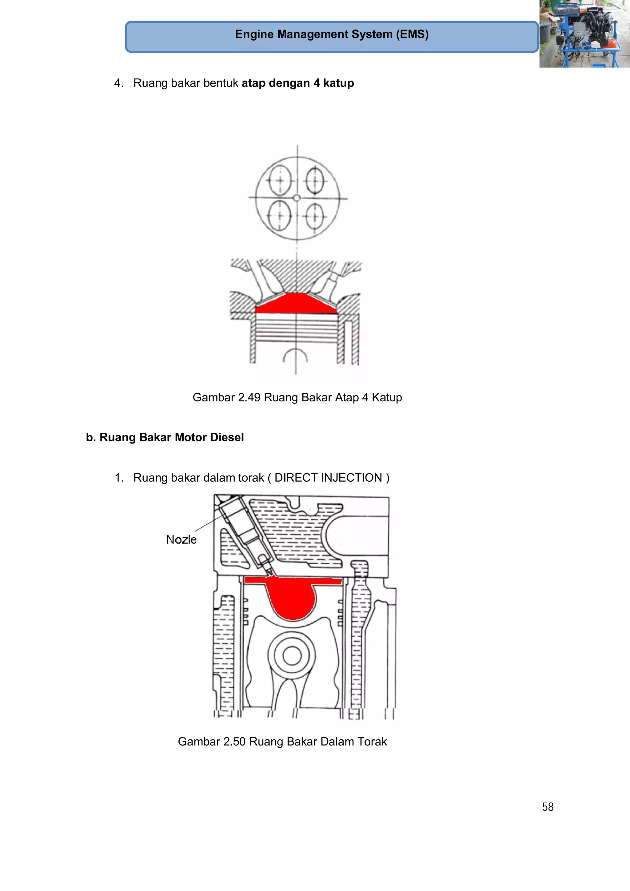 58
Engine Management System (EMS)
4. Ruang bakar bentuk atap dengan 4 katup
Gambar 2.49 Ruang Bakar Atap 4 Katup
b. Ruang Bakar Motor Diesel
1. Ruang bakar dalam torak ( DIRECT INJECTION )
Gambar 2.50 Ruang Bakar Dalam Torak
 