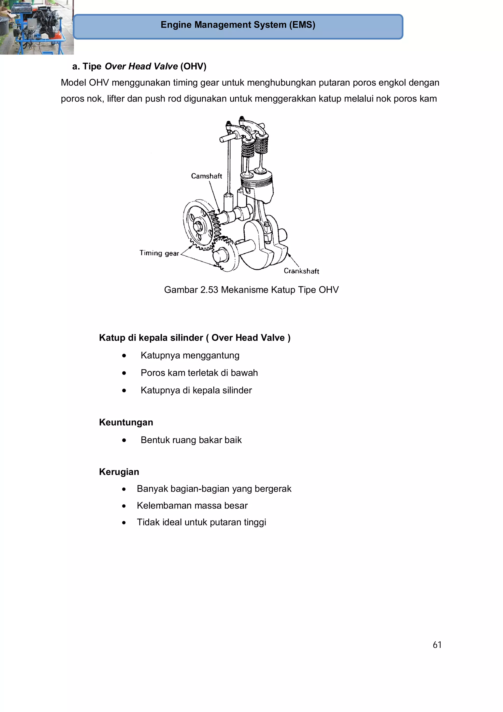 61
Engine Management System (EMS)
a. Tipe Over Head Valve (OHV)
Model OHV menggunakan timing gear untuk menghubungkan putaran poros engkol dengan
poros nok, lifter dan push rod digunakan untuk menggerakkan katup melalui nok poros kam
Gambar 2.53 Mekanisme Katup Tipe OHV
Katup di kepala silinder ( Over Head Valve )
Katupnya menggantung
Poros kam terletak di bawah
Katupnya di kepala silinder
Keuntungan
Bentuk ruang bakar baik
Kerugian
Banyak bagian-bagian yang bergerak
Kelembaman massa besar
Tidak ideal untuk putaran tinggi
 