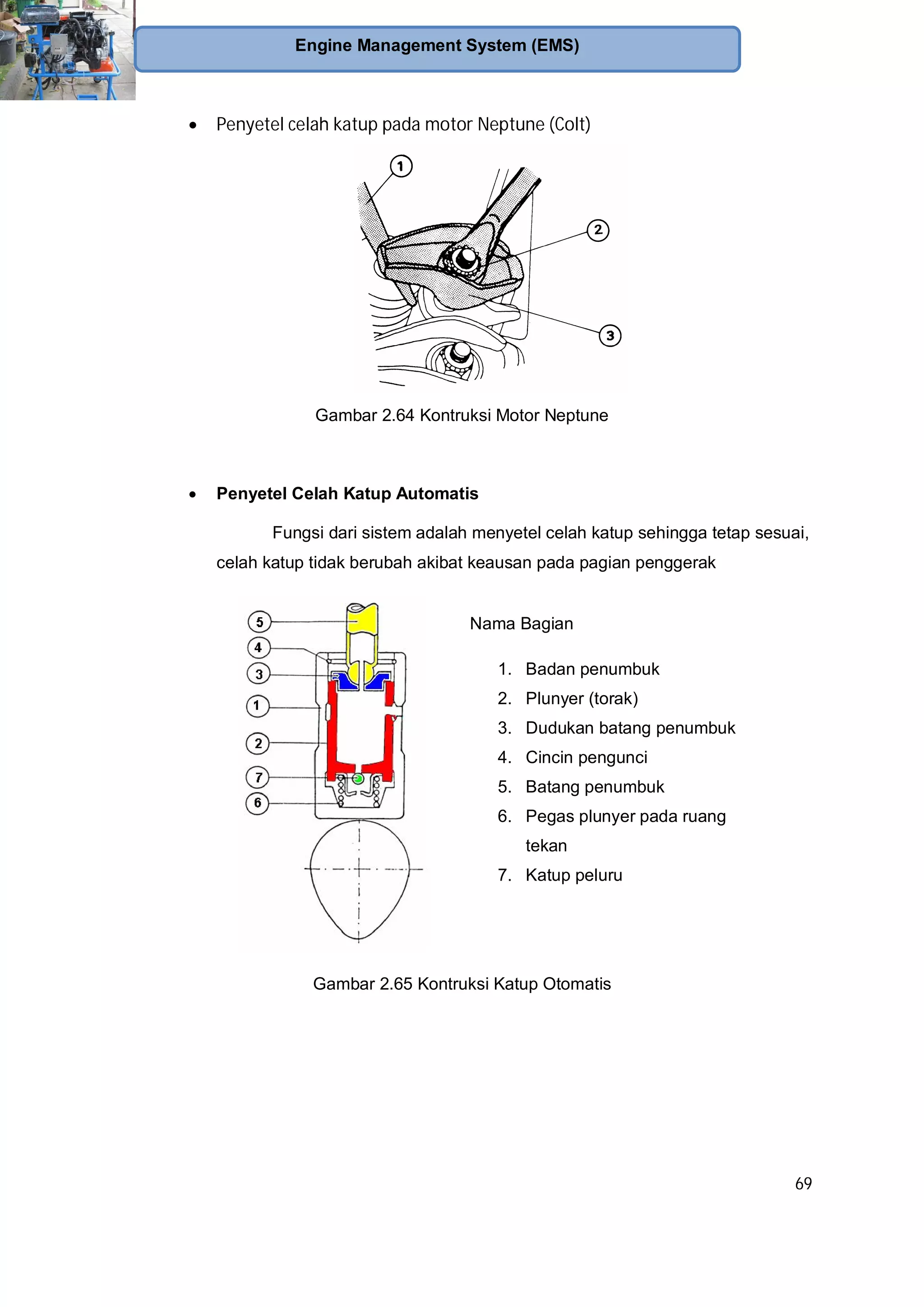 69
Engine Management System (EMS)
Penyetel celah katup pada motor Neptune (Colt)
Gambar 2.64 Kontruksi Motor Neptune
Penyetel Celah Katup Automatis
Fungsi dari sistem adalah menyetel celah katup sehingga tetap sesuai,
celah katup tidak berubah akibat keausan pada pagian penggerak
Gambar 2.65 Kontruksi Katup Otomatis
Nama Bagian
1. Badan penumbuk
2. Plunyer (torak)
3. Dudukan batang penumbuk
4. Cincin pengunci
5. Batang penumbuk
6. Pegas plunyer pada ruang
tekan
7. Katup peluru
 