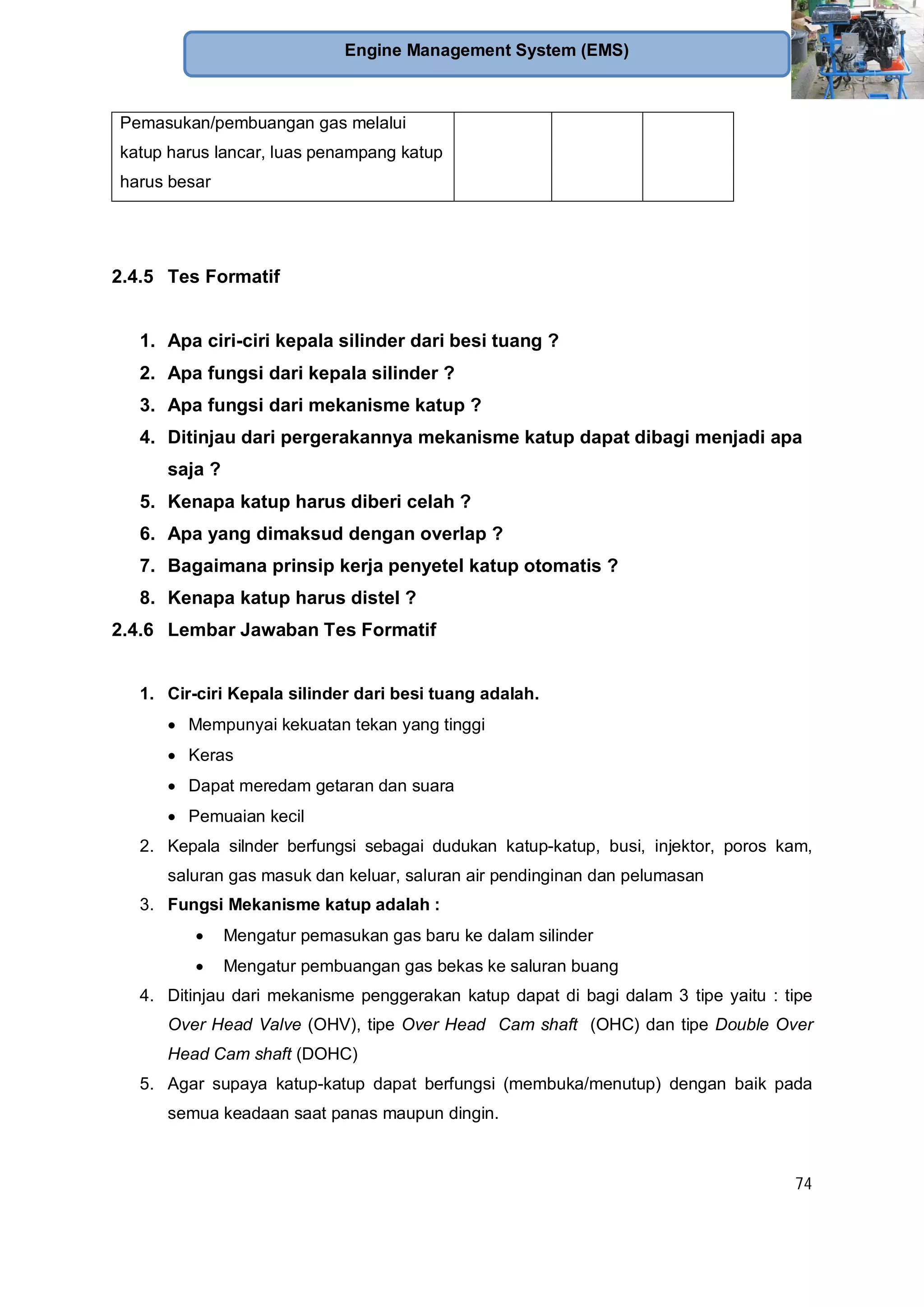 74
Engine Management System (EMS)
Pemasukan/pembuangan gas melalui
katup harus lancar, luas penampang katup
harus besar
2.4.5 Tes Formatif
1. Apa ciri-ciri kepala silinder dari besi tuang ?
2. Apa fungsi dari kepala silinder ?
3. Apa fungsi dari mekanisme katup ?
4. Ditinjau dari pergerakannya mekanisme katup dapat dibagi menjadi apa
saja ?
5. Kenapa katup harus diberi celah ?
6. Apa yang dimaksud dengan overlap ?
7. Bagaimana prinsip kerja penyetel katup otomatis ?
8. Kenapa katup harus distel ?
2.4.6 Lembar Jawaban Tes Formatif
1. Cir-ciri Kepala silinder dari besi tuang adalah.
Mempunyai kekuatan tekan yang tinggi
Keras
Dapat meredam getaran dan suara
Pemuaian kecil
2. Kepala silnder berfungsi sebagai dudukan katup-katup, busi, injektor, poros kam,
saluran gas masuk dan keluar, saluran air pendinginan dan pelumasan
3. Fungsi Mekanisme katup adalah :
Mengatur pemasukan gas baru ke dalam silinder
Mengatur pembuangan gas bekas ke saluran buang
4. Ditinjau dari mekanisme penggerakan katup dapat di bagi dalam 3 tipe yaitu : tipe
Over Head Valve (OHV), tipe Over Head Cam shaft (OHC) dan tipe Double Over
Head Cam shaft (DOHC)
5. Agar supaya katup-katup dapat berfungsi (membuka/menutup) dengan baik pada
semua keadaan saat panas maupun dingin.
 