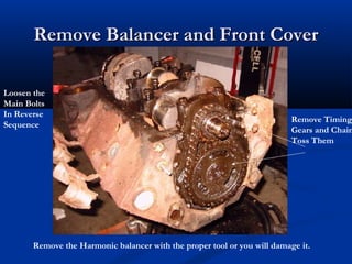 Remove Balancer and Front CoverRemove Balancer and Front Cover
Loosen the
Main Bolts
In Reverse
Sequence
Remove the Harmonic balancer with the proper tool or you will damage it.
Remove Timing
Gears and Chain
Toss Them
 