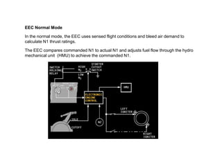 EEC Normal Mode

In the normal mode, the EEC uses sensed flight conditions and bleed air demand to
calculate N1 thrust ratings.

The EEC compares commanded N1 to actual N1 and adjusts fuel flow through the hydro
mechanical unit (HMU) to achieve the commanded N1.
 