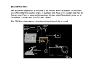 EEC Normal Mode

The maximum rated thrust is available at the forward thrust lever stop.The full rated
takeoff thrust for the installed engine is available at a thrust lever position less than the
forward stop. Fixed or assumed temperature derated takeoff thrust ratings are set at
thrust lever positions less than full rated takeoff.

The EEC limits the maximum thrust according to the airplane model.
 
