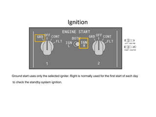 Ignition




Ground start uses only the selected igniter. Right is normally used for the first start of each day

to check the standby system ignition.
 