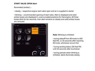 START VALVE OPEN Alert

Illuminated (amber) –

• steady – respective engine start valve open and air is supplied to starter

• blinking – uncommanded opening of start valve. Alert is displayed and solid
amber boxes are displayed in unannunciated positions for that engine. All three
boxes blink for ten seconds, then alert remains on steady and solid amber boxes
are removed




                                                 Note: Blinking is inhibited:

                                                 • during takeoff from 80 knots to 400
                                                 feet RA, or 30 seconds after reaching
                                                 80 knots, whichever occurs first

                                                 • during landing below 200 feet RA
                                                 until 30 seconds after touchdown

                                                 • during periods when blinking is
                                                 inhibited, alerts illuminate steady.
 