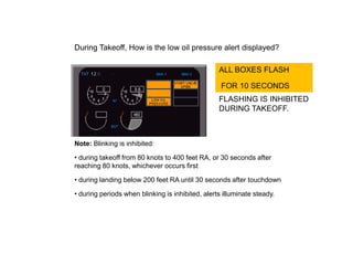 During Takeoff, How is the low oil pressure alert displayed?

                                                  ALL BOXES FLASH

                                                   FOR 10 SECONDS
                                                  FLASHING IS INHIBITED
                                                  DURING TAKEOFF.



Note: Blinking is inhibited:

• during takeoff from 80 knots to 400 feet RA, or 30 seconds after
reaching 80 knots, whichever occurs first

• during landing below 200 feet RA until 30 seconds after touchdown

• during periods when blinking is inhibited, alerts illuminate steady.
 