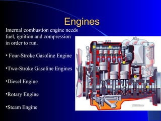 EnginesEngines
• Four-Stroke Gasoline Engine
•Two-Stroke Gasoline Engines
•Diesel Engine
•Rotary Engine
•Steam Engine
Internal combustion engine needs
fuel, ignition and compression
in order to run.
 