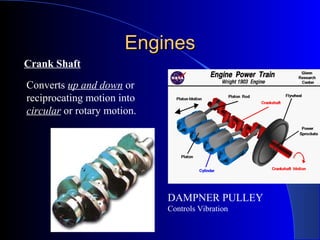 EnginesEngines
Crank Shaft
Converts up and down or
reciprocating motion into
circular or rotary motion.
DAMPNER PULLEY
Controls Vibration
 