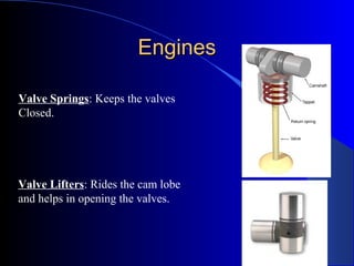 EnginesEngines
Valve Springs: Keeps the valves
Closed.
Valve Lifters: Rides the cam lobe
and helps in opening the valves.
 