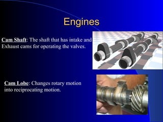 EnginesEngines
Cam Shaft: The shaft that has intake and
Exhaust cams for operating the valves.
Cam Lobe: Changes rotary motion
into reciprocating motion.
 