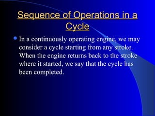 Sequence of Operations in aSequence of Operations in a
CycleCycle
In a continuously operating engine, we may
consider a cycle starting from any stroke.
When the engine returns back to the stroke
where it started, we say that the cycle has
been completed.
 