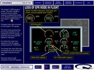 SECTION -
EXIT TO
MAIN MENU
ENGINES OVERVIEW
NORMAL
OPERATION
ABNORMAL
OPERATION
CONTROLS &
INDICATORS
DIFFERENCES QUIZ
143 of 154
NOTE: The REV indications, both green and
amber, remain available when needed.
The engine 1 EPR gauge is
amber. The EPR needle is
removed and the digital
readout is replaced by amber
XXs. All these indications show
that engine 1 EPR mode is
lost.
Changes have also occurred
on the engine 1 N1 gauge.
The blue circle representing
thrust lever position is now
displayed on the N1 gauge. A
gray box now surrounds the
digital N1 indication.
An amber tick mark now
appears on the N1 gauge
indicating the N1 TOGA limit.
The amber tick mark will move
to indicate the max reverse N1
limit when reverse thrust is
used.
Reverser status is still
indicated on the EPR gauges.
ABNORMAL OPERATION
EPR FAILURE
GRAY BOX (added)
THRUST LEVER POSITION (added)
N1 TOGA LIMIT (added)
 
