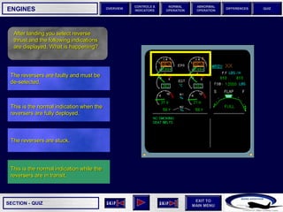 SECTION -
EXIT TO
MAIN MENU
OVERVIEW
NORMAL
OPERATION
ABNORMAL
OPERATION
CONTROLS &
INDICATORS
DIFFERENCES QUIZ
QUIZ
ENGINES
After landing you select reverse
thrust and the following indications
are displayed. What is happening?
This is the normal indication while the
reversers are in transit.
The reversers are stuck.
This is the normal indication when the
reversers are fully deployed.
The reversers are faulty and must be
de-selected.
 
