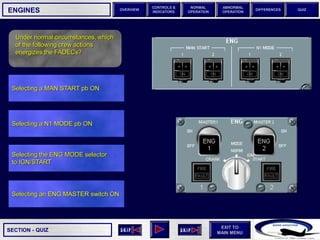 SECTION -
EXIT TO
MAIN MENU
OVERVIEW
NORMAL
OPERATION
ABNORMAL
OPERATION
CONTROLS &
INDICATORS
DIFFERENCES QUIZ
QUIZ
ENGINES
Under normal circumstances, which
of the following crew actions
energizes the FADECs?
Selecting an ENG MASTER switch ON
Selecting the ENG MODE selector
to IGN/START
Selecting a N1 MODE pb ON
Selecting a MAN START pb ON
 