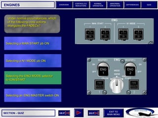SECTION -
EXIT TO
MAIN MENU
OVERVIEW
NORMAL
OPERATION
ABNORMAL
OPERATION
CONTROLS &
INDICATORS
DIFFERENCES QUIZ
QUIZ
ENGINES
Under normal circumstances, which
of the following crew actions
energizes the FADECs?
Selecting an ENG MASTER switch ON
Selecting the ENG MODE selector
to IGN/START
Selecting a N1 MODE pb ON
Selecting a MAN START pb ON
 