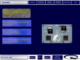 SECTION -
EXIT TO
MAIN MENU
OVERVIEW
NORMAL
OPERATION
ABNORMAL
OPERATION
CONTROLS &
INDICATORS
DIFFERENCES QUIZ
QUIZ
ENGINES
That there is a failure in the engine fire
extinguishing system.
That there is a failure of
the ENG MODE selector.
That there is a failure in the automatic
start sequence.
During engine start the amber FAULT
light on the ENG panel illuminates.
This indicates...
 