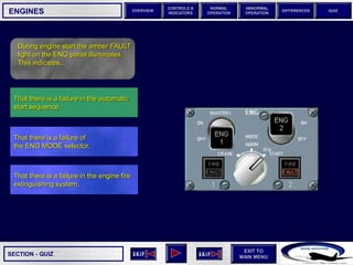 SECTION -
EXIT TO
MAIN MENU
OVERVIEW
NORMAL
OPERATION
ABNORMAL
OPERATION
CONTROLS &
INDICATORS
DIFFERENCES QUIZ
QUIZ
ENGINES
That there is a failure in the engine fire
extinguishing system.
That there is a failure of
the ENG MODE selector.
That there is a failure in the automatic
start sequence.
During engine start the amber FAULT
light on the ENG panel illuminates.
This indicates...
 