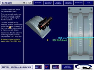 SECTION -
EXIT TO
MAIN MENU
ENGINES OVERVIEW
NORMAL
OPERATION
ABNORMAL
OPERATION
CONTROLS &
INDICATORS
DIFFERENCES QUIZ
45 of 154
The thrust levers are now in
the reverse idle detent.
The reversers will deploy and
thrust will remain at reverse
idle which is slightly higher
than forward idle.
Once the reverser is fully
deployed, reverse thrust on the
respective engine increases as
the thrust levers are moved aft
of the reverse idle detent.
Max reverse thrust is achieved
by moving the thrust levers
fully aft to the FULL REV stop.
Advance to move the thrust
levers to the FULL REV stop.
CONTROLS & INDICATORS
REV IDLE detent
IDLE stop
 