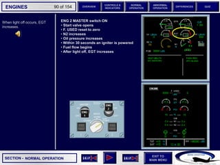 SECTION -
EXIT TO
MAIN MENU
ENGINES OVERVIEW
NORMAL
OPERATION
ABNORMAL
OPERATION
CONTROLS &
INDICATORS
DIFFERENCES QUIZ
90 of 154
When light off occurs, EGT
increases.
NORMAL OPERATION
ENG 2 MASTER switch ON
• Start valve opens
• F. USED reset to zero
• N2 increases
• Oil pressure increases
• Within 30 seconds an igniter is powered
• Fuel flow begins
• After light off, EGT increases
 