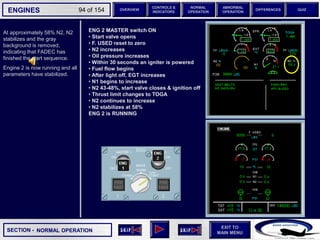SECTION -
EXIT TO
MAIN MENU
ENGINES OVERVIEW
NORMAL
OPERATION
ABNORMAL
OPERATION
CONTROLS &
INDICATORS
DIFFERENCES QUIZ
94 of 154
At approximately 58% N2, N2
stabilizes and the gray
background is removed,
indicating that FADEC has
finished the start sequence.
Engine 2 is now running and all
parameters have stabilized.
ENG 2 MASTER switch ON
• Start valve opens
• F. USED reset to zero
• N2 increases
• Oil pressure increases
• Within 30 seconds an igniter is powered
• Fuel flow begins
• After light off, EGT increases
• N1 begins to increase
• N2 43-48%, start valve closes & ignition off
• Thrust limit changes to TOGA
• N2 continues to increase
• N2 stabilizes at 58%
ENG 2 is RUNNING
NORMAL OPERATION
 