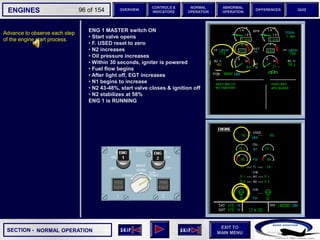 SECTION -
EXIT TO
MAIN MENU
ENGINES OVERVIEW
NORMAL
OPERATION
ABNORMAL
OPERATION
CONTROLS &
INDICATORS
DIFFERENCES QUIZ
96 of 154
ENG 1 MASTER switch ON
• Start valve opens
• F. USED reset to zero
• N2 increases
• Oil pressure increases
• Within 30 seconds, igniter is powered
• Fuel flow begins
• After light off, EGT increases
• N1 begins to increase
• N2 43-48%, start valve closes & ignition off
• N2 stabilizes at 58%
ENG 1 is RUNNING
Advance to observe each step
of the engine start process.
NORMAL OPERATION
 
