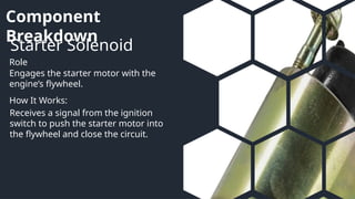 Component
Breakdown
Starter Solenoid
Role
How It Works:
Engages the starter motor with the
engine’s flywheel.
Receives a signal from the ignition
switch to push the starter motor into
the flywheel and close the circuit.
 