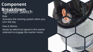 Component
Breakdown
Ignition Switch
Role
How It Works:
Activates the starting system when you
turn the key.
Sends an electrical signal to the starter
solenoid to engage the starter motor.
 