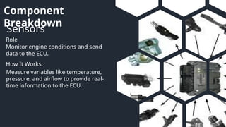Component
Breakdown
Sensors
Role
How It Works:
Monitor engine conditions and send
data to the ECU.
Measure variables like temperature,
pressure, and airflow to provide real-
time information to the ECU.
 