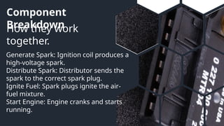 Component
Breakdown
How they work
together.
Generate Spark: Ignition coil produces a
high-voltage spark.
Distribute Spark: Distributor sends the
spark to the correct spark plug.
Ignite Fuel: Spark plugs ignite the air-
fuel mixture.
Start Engine: Engine cranks and starts
running.
 