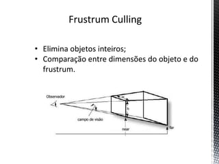 Frustrum Culling

• Elimina objetos inteiros;
• Comparação entre dimensões do objeto e do
  frustrum.
 