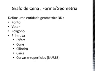 Grafo de Cena : Forma/Geometria
Define uma entidade geométrica 3D :
• Ponto
• Vetor
• Polígono
• Primitiva
   • Esfera
   • Cone
   • Cilindro
   • Caixa
   • Curvas e superfícies (NURBS)
 